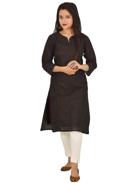 Black Kurti with Chikan Embroidered Flowers and Paisleys by Hand | Exotic  India Art